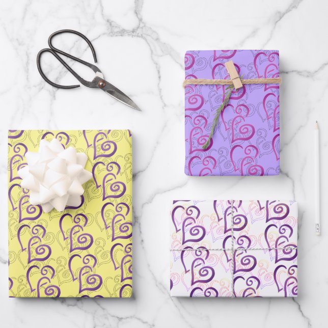 Purple Linked Hearts Pattern Wrapping Paper Sheets (Front)
