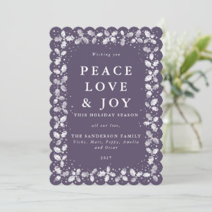 Purple Lino Print Holly+Berries Border Flat Holiday Card