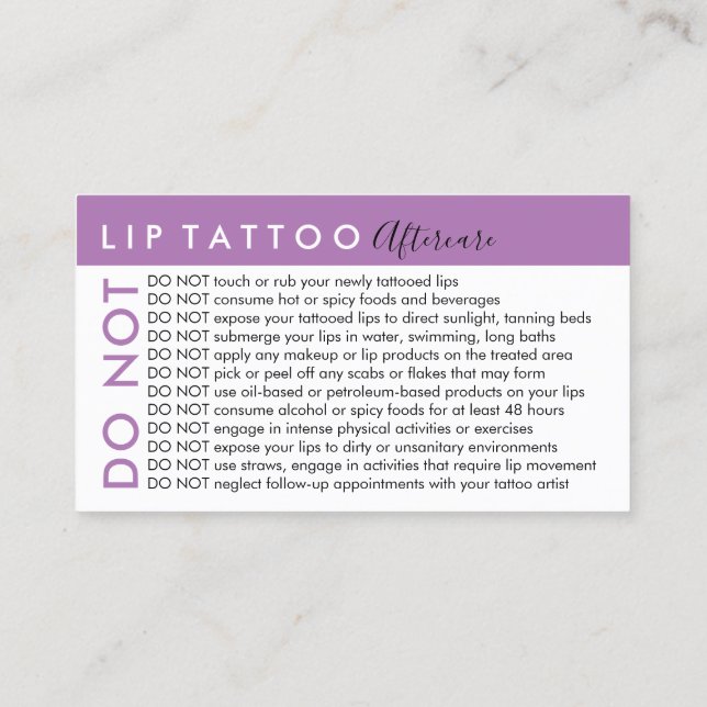 Purple Lip tattoo Avoids Advices Aftercare Business Card (Back)