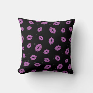 Purple Lipstick Kisses on Black Background Pattern Cushion