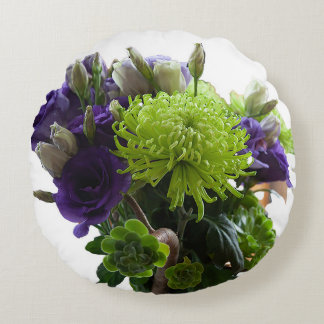 Purple Lisianthus Green Spider Mum Floral Round Cushion