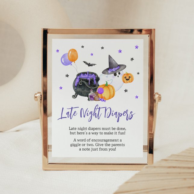 Purple Little Boo Baby Shower Late Night Diapers Poster (Ghost Halloween Baby Shower Late Night Diapers Sign)