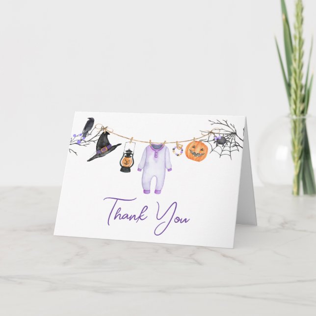 Purple Little Boo Halloween Baby Shower Thank You Card (Front)