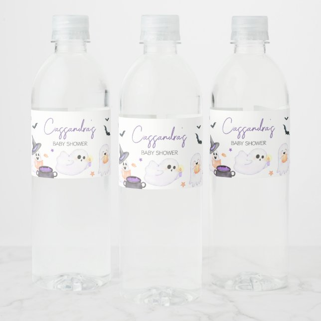Purple Little Boo Halloween Baby Shower  Water Bottle Label (Bottles)