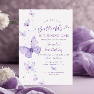 Purple Little Butterfly is Turning One Birthday Invitation