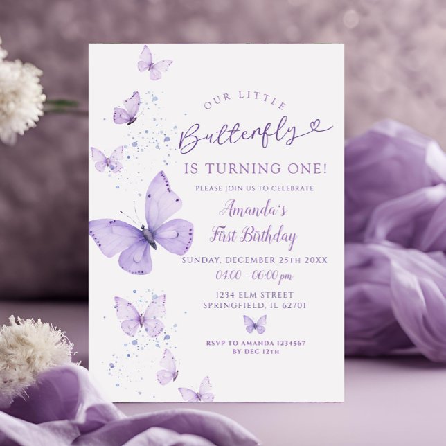 Purple Little Butterfly is Turning One Birthday Invitation (Creator Uploaded)