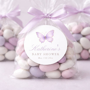 Purple Little Butterfly On The Way Baby Shower  Classic Round Sticker