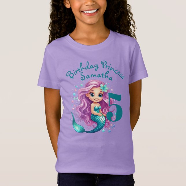 Purple Little Mermaid Watercolor Birthday Girl T-Shirt (Front)