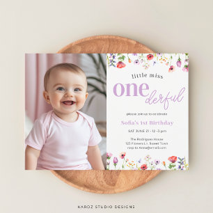 Purple Little Miss Onederful Photo 1st Birthday Invitation