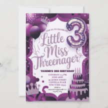 Purple Little Miss Threenager Invitation
