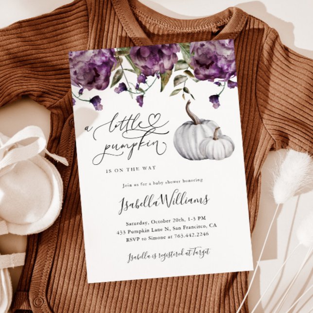 Purple Little Pumpkin Rustic Baby Shower Invitation (Creator Uploaded)