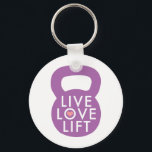Purple "Live Love Lift" Key Ring<br><div class="desc">Mantra for every girl -- "Live,  Love,  Lift!". Features a kettlebell design with the words layered upon it.</div>
