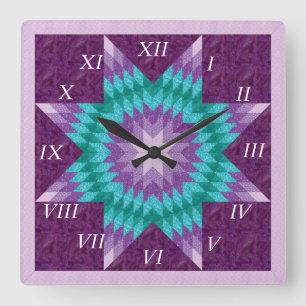 Purple Lone Star Quilt Design Square Wall Clock