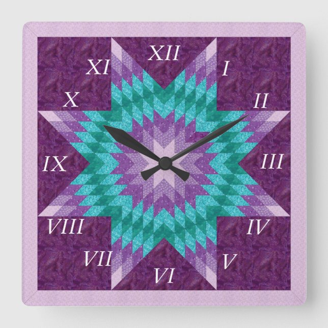 Purple Lone Star Quilt Design Square Wall Clock (Front)