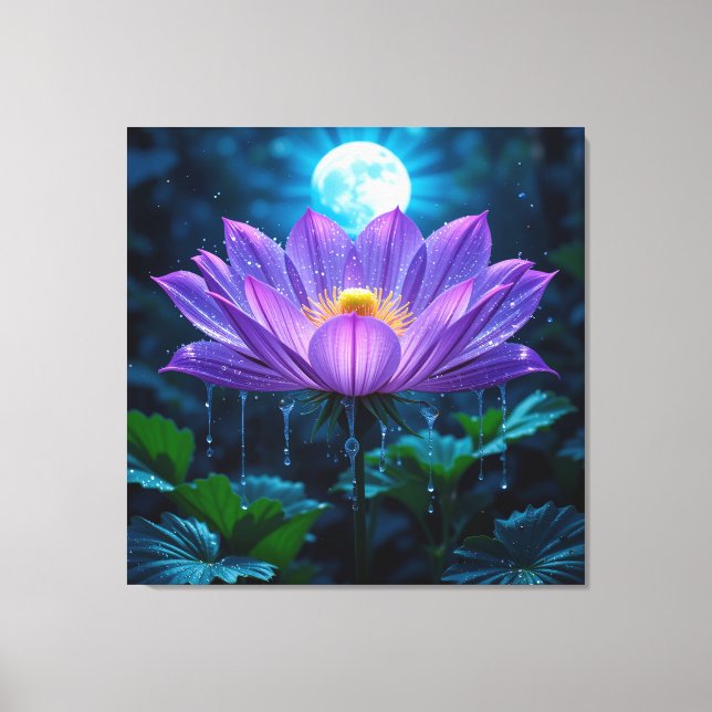 Purple Lotus Blossom Under Moonlit Canvas Print (Front)