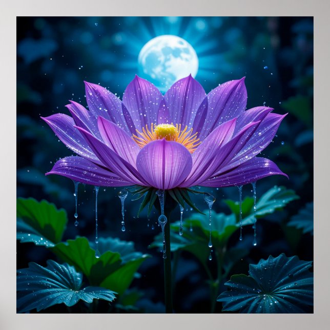 Purple Lotus Blossom Under Moonlit Poster (Front)