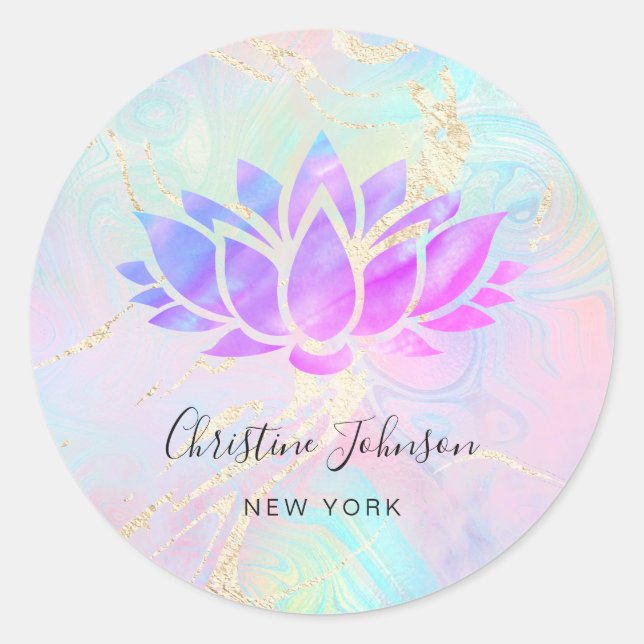 purple lotus logo on faux holographic design classic round sticker (Front)