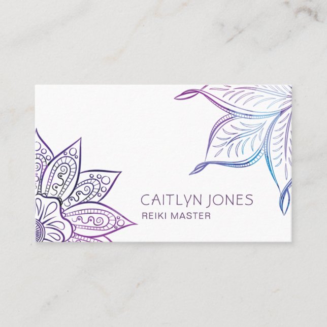 Purple Lotus Pattern Massage Or Reiki Practitioner Business Card (Front)