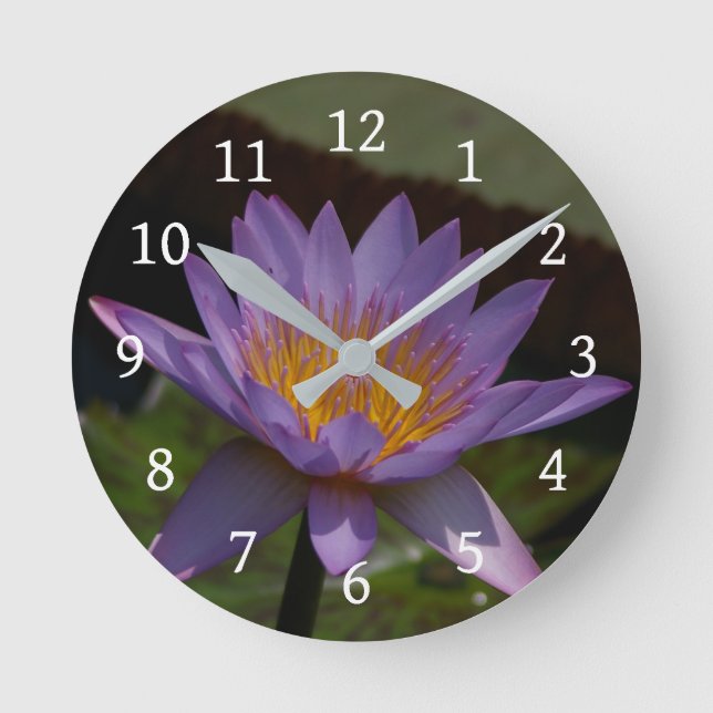 Purple Lotus Waterlily Round Clock (Front)