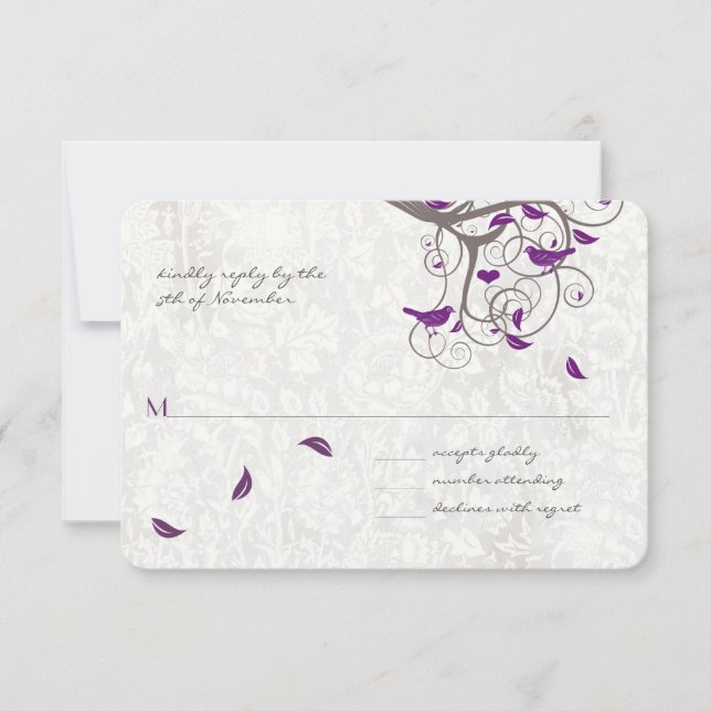 Purple Love Bird Rustic Country Tree Wedding RSVP Card (Front)