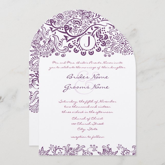 Purple Love Birds Damask Monogram Weddings Invitation (Front/Back)