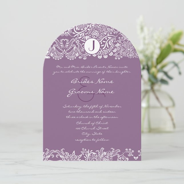 Purple Love Birds Damask Monogram Weddings Invitation (Standing Front)