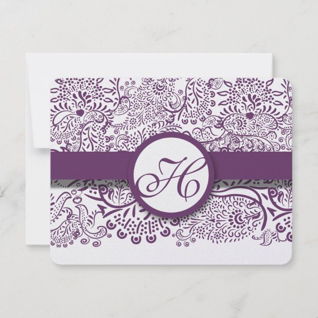 Purple Love Birds Damask Monogram Weddings RSVP Card (Front)