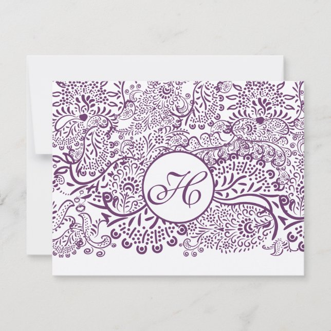 Purple Love Birds Damask Monogram Weddings RSVP Card (Front)