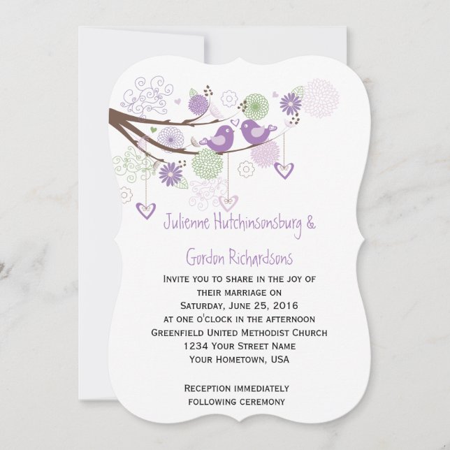 Purple Love Birds Swirls Hand Drawn Floral Wedding Invitation (Front)