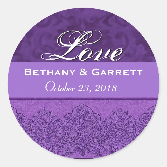 Purple Love Bride and Groom Date F202 Classic Round Sticker (Front)
