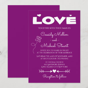 Purple Love, Butterflies & Hearts Wedding Invitation