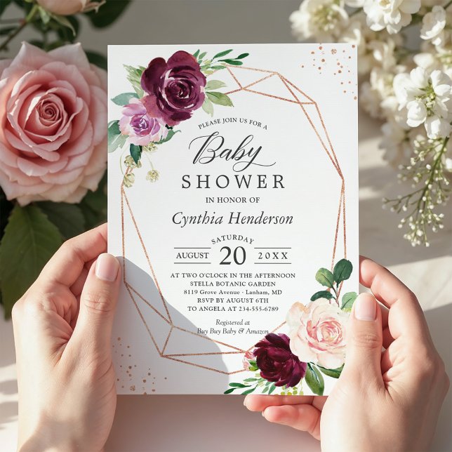 Purple Love Floral Rose Gold Confetti Baby Shower Invitation (Creator Uploaded)