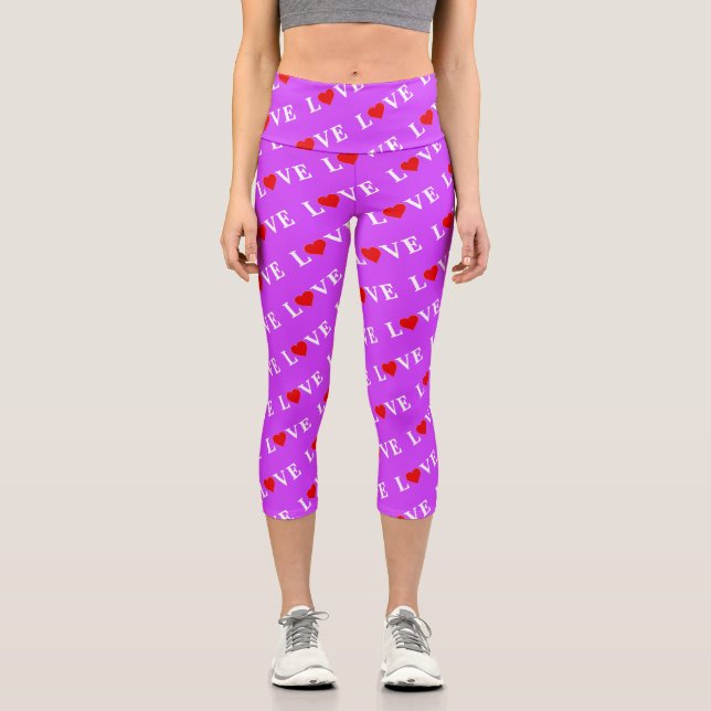Purple LOVE Heart Pattern Modern Chic Elegant Capri Leggings (Front)