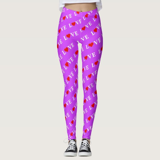 Purple LOVE Heart Pattern Modern Chic Elegant Leggings (Front)