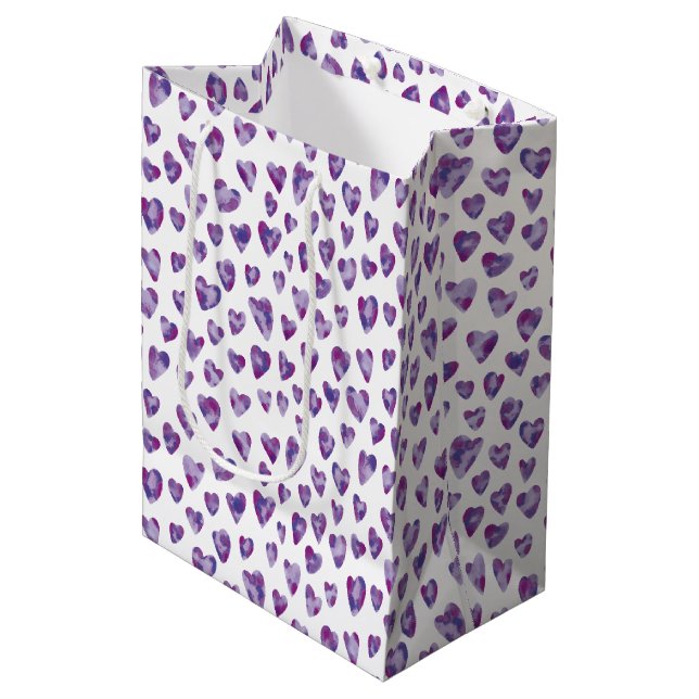 Purple Love Heart Watercolor Medium Gift Bag (Front Angled)