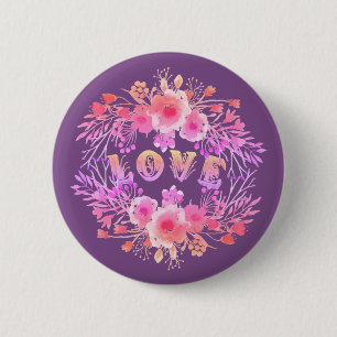 Purple LOVE in Watercolor Flowers 6 Cm Round Badge