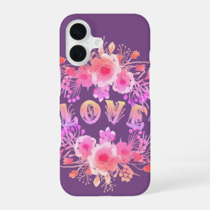 Purple LOVE in Watercolor Flowers iPhone 16 Case