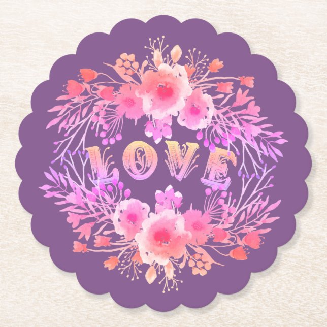 Purple LOVE in Watercolor Flowers Paper Coaster (Front)