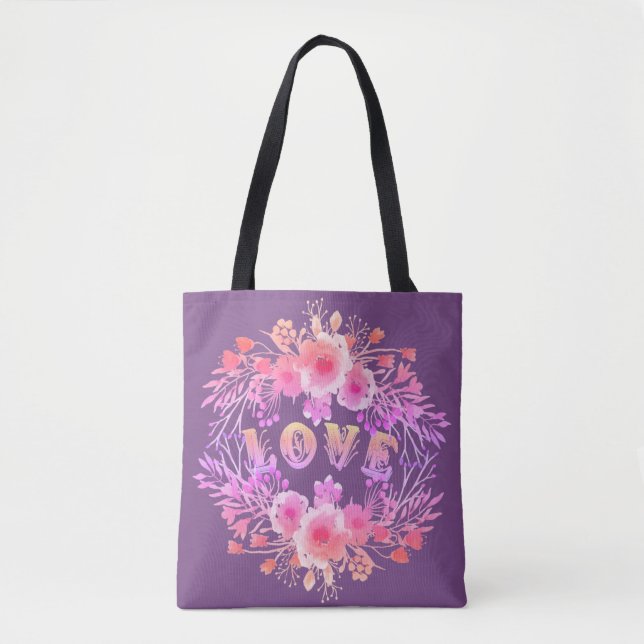 Purple LOVE in Watercolor Flowers Tote Bag (Front)
