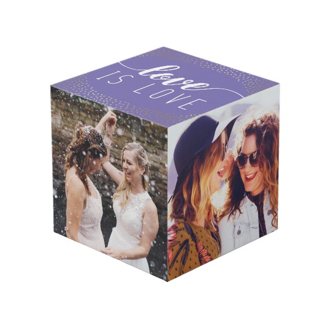 Purple Love is Love Gold Confetti - Wedding Photos Cube (Front Angled)