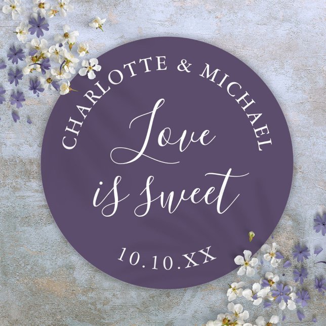 Purple Love Is Sweet Wedding Favor  Classic Round Sticker (Purple Love Is Sweet Wedding Favor Classic Round Sticker)