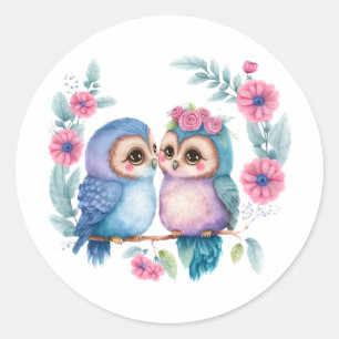 Purple Love Owls: A Cute and Romantic Classic Round Sticker