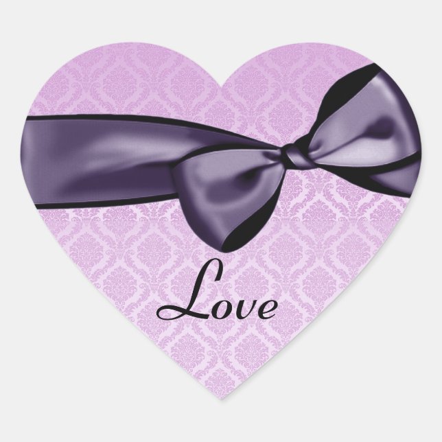 Purple LOVE Wedding Bow PINK Damask Heart Sticker (Front)