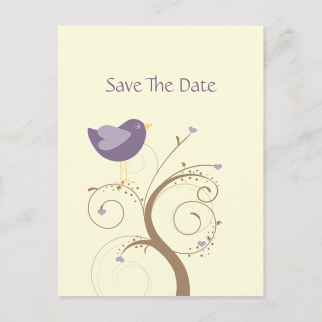Purple Lovebird and Hearts Save The Date Announcement Postcard (Front)