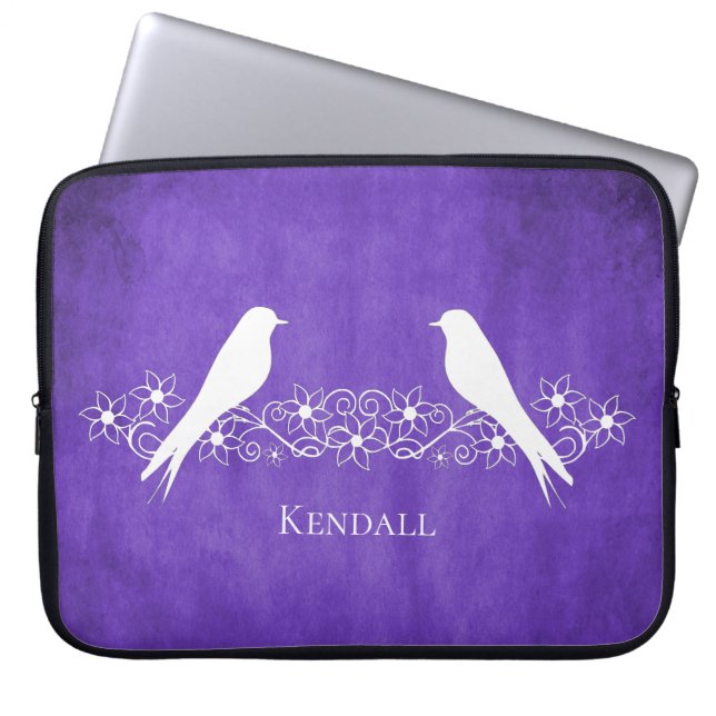 Purple Lovebirds Floral Vine Laptop Sleeve (Front)