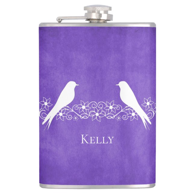 Purple Lovebirds Floral Vine Personalised Flask (Front)