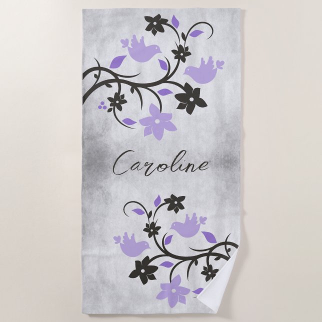Purple Lovebirds Personalised Beach Towel (Front)