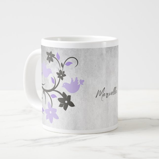 Purple Lovebirds Personalised Giant Coffee Mug (Front Left)