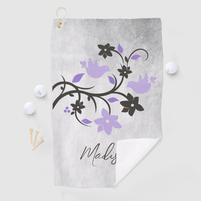 Purple Lovebirds Personalised Golf Towel (InSitu)