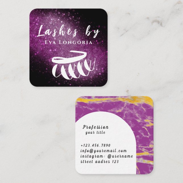 Purple Luxury Glitter Lashes Square Business Card (Front/Back)
